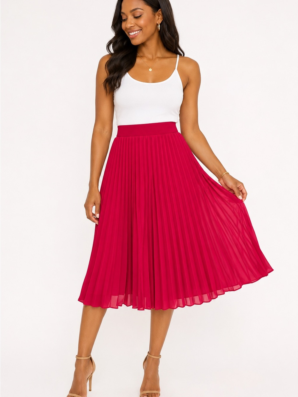 Kate Kasin Pleated Midi Skirt | Size Medium | Fully Lined | Vibrant Red